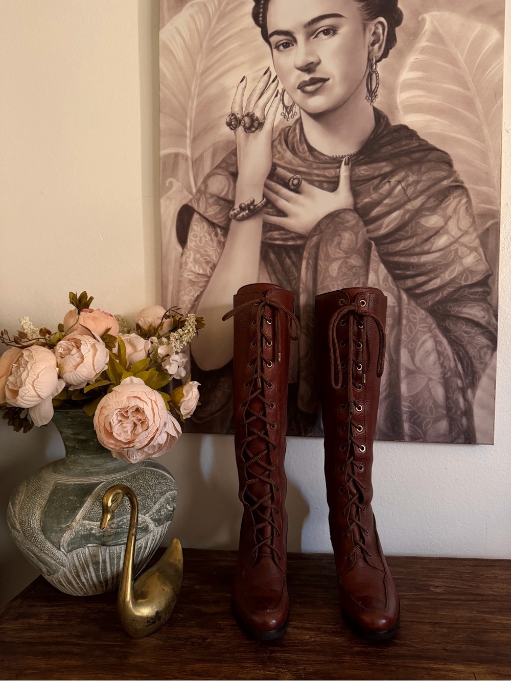 Vintage Cole Haan Leather Lace-Up Knee-High Steampunk Heeled Boots size 6 1/2